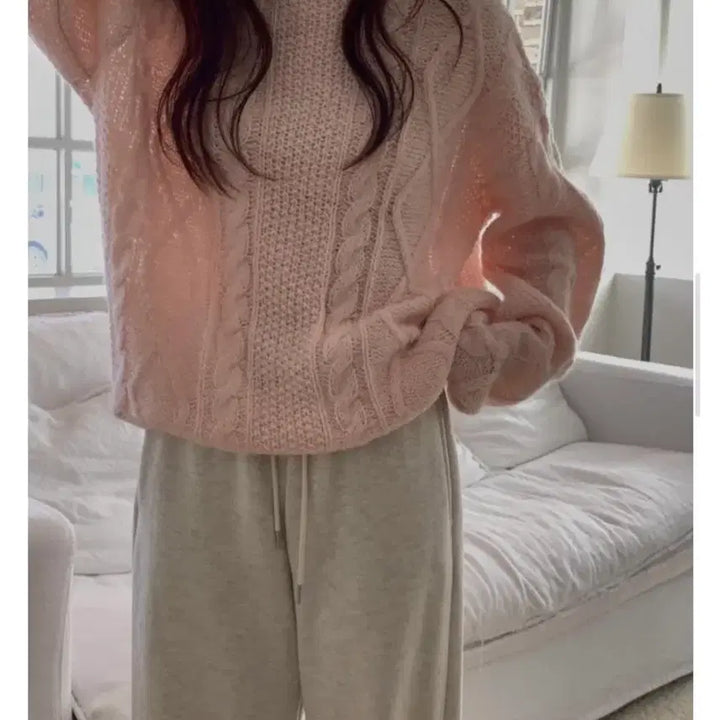 [BUNJANG] Libre Boat Neck Fisherman Cable Knit Sweater - Pink / [리브레] 보트넥 피셔맨 꽈배기 니트 : 핑크