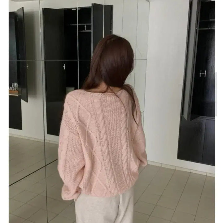 [BUNJANG] Libre Boat Neck Fisherman Cable Knit Sweater - Pink / [리브레] 보트넥 피셔맨 꽈배기 니트 : 핑크