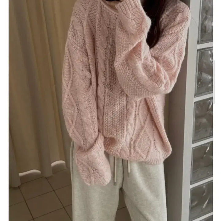 [BUNJANG] Libre Boat Neck Fisherman Cable Knit Sweater - Pink / [리브레] 보트넥 피셔맨 꽈배기 니트 : 핑크