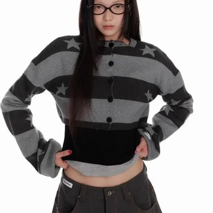 [BUNJANG] Star Pattern Striped Crop Cardigan / 별 패턴 스트라이프 크롭 가디건