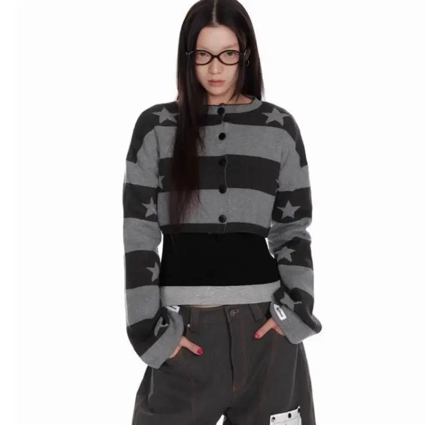 [BUNJANG] Star Pattern Striped Crop Cardigan / 별 패턴 스트라이프 크롭 가디건