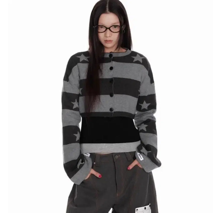 [BUNJANG] Star Pattern Striped Crop Cardigan / 별 패턴 스트라이프 크롭 가디건