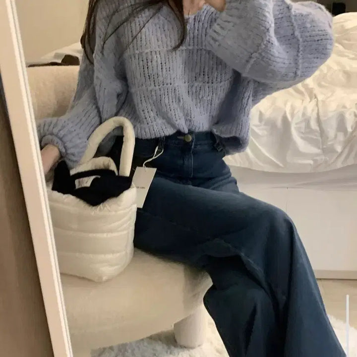 [BUNJANG] Sonnyeo Recipe Snow Bubble V-Neck Wool Knit Sweater / [소녀레시피] 스노우 버블 루즈핏 브이넥 울 니트 : 스카이블루