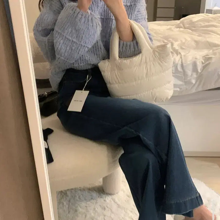 [BUNJANG] Sonnyeo Recipe Snow Bubble V-Neck Wool Knit Sweater / [소녀레시피] 스노우 버블 루즈핏 브이넥 울 니트 : 스카이블루