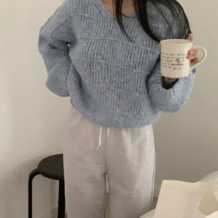 [BUNJANG] Sonnyeo Recipe Snow Bubble V-Neck Wool Knit Sweater / [소녀레시피] 스노우 버블 루즈핏 브이넥 울 니트 : 스카이블루