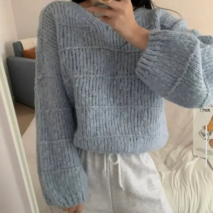 [BUNJANG] Sonnyeo Recipe Snow Bubble V-Neck Wool Knit Sweater / [소녀레시피] 스노우 버블 루즈핏 브이넥 울 니트 : 스카이블루