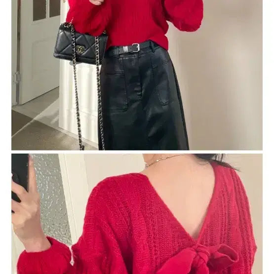 [BUNJANG] Ribbon Detail Knit (Red, Black) / 백 리본 포인트 니트 (레드, 블랙)