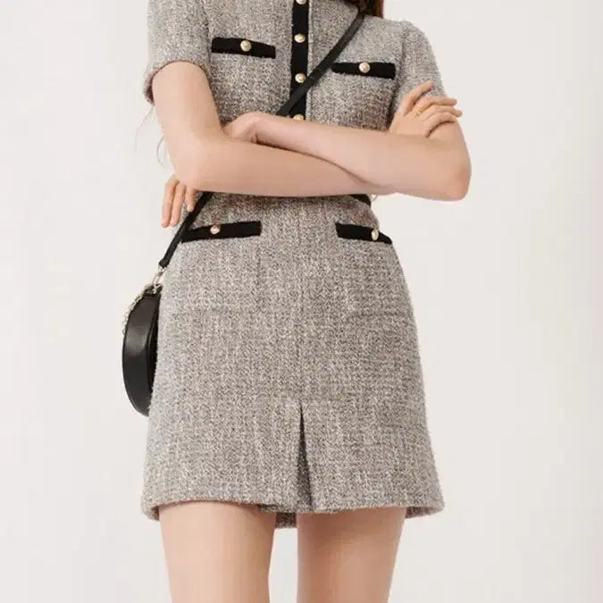 [BUNJANG] MAJE Tweed Mini Dress with Silver Glitter / 마쥬 MAJE 트위드 원피스 실버 펄 글리터 미니 반팔 하객룩 금장버튼