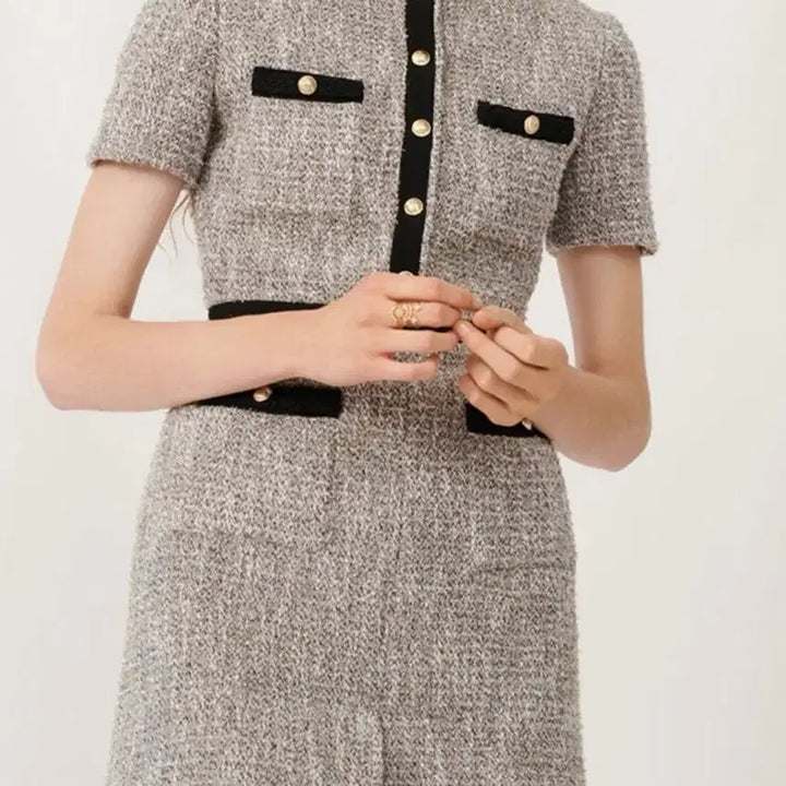 [BUNJANG] MAJE Tweed Mini Dress with Silver Glitter / 마쥬 MAJE 트위드 원피스 실버 펄 글리터 미니 반팔 하객룩 금장버튼