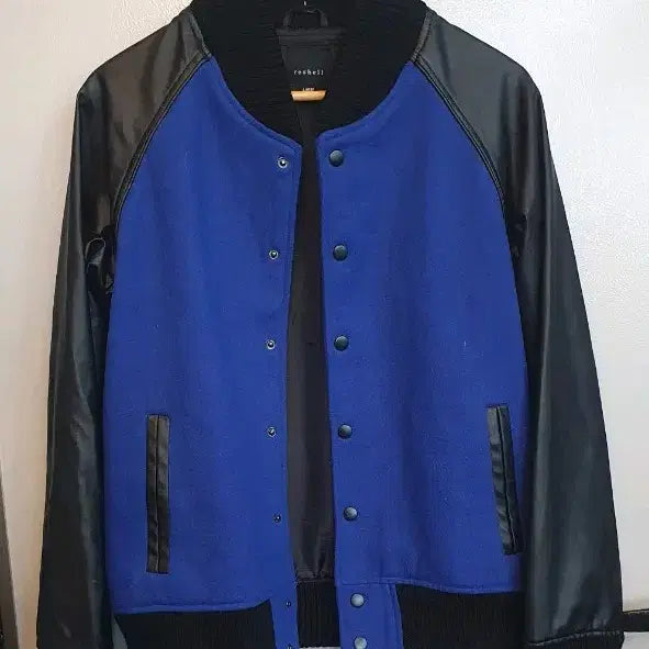 [BUNJANG] Roshell Blue Color Block Leather Baseball Jacket (Large) / roshell 블루 배색 레더 야구 점퍼 라지