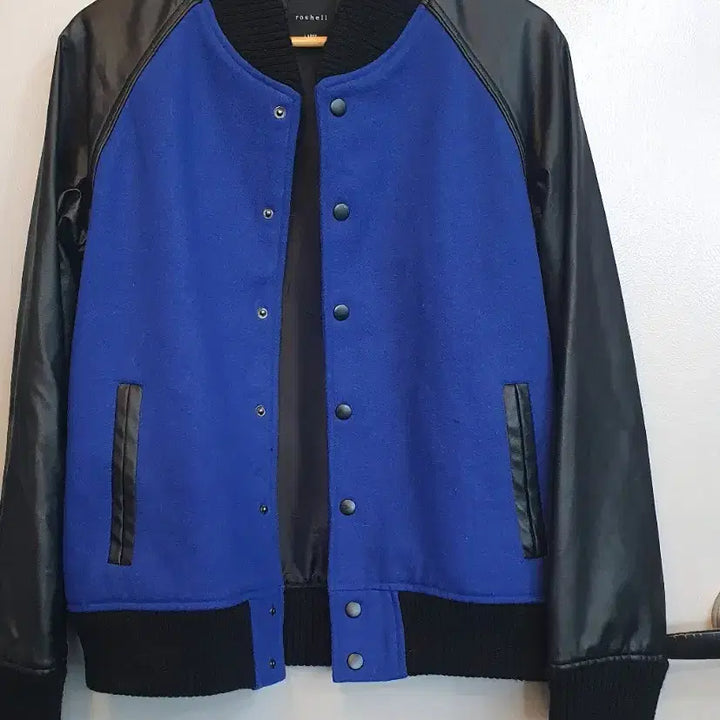 [BUNJANG] Roshell Blue Color Block Leather Baseball Jacket (Large) / roshell 블루 배색 레더 야구 점퍼 라지