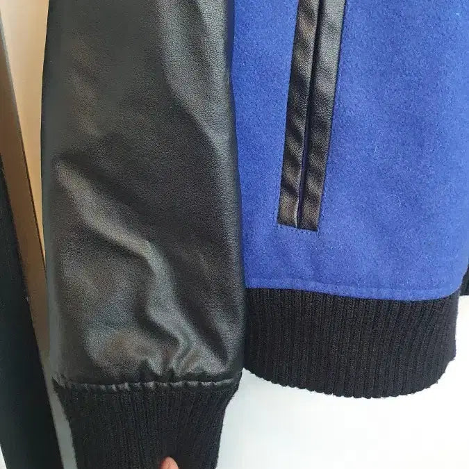 [BUNJANG] Roshell Blue Color Block Leather Baseball Jacket (Large) / roshell 블루 배색 레더 야구 점퍼 라지