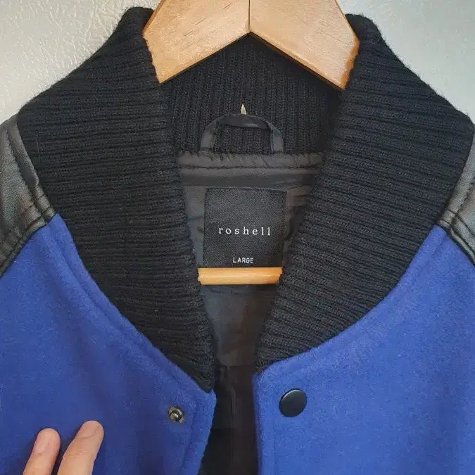 [BUNJANG] Roshell Blue Color Block Leather Baseball Jacket (Large) / roshell 블루 배색 레더 야구 점퍼 라지