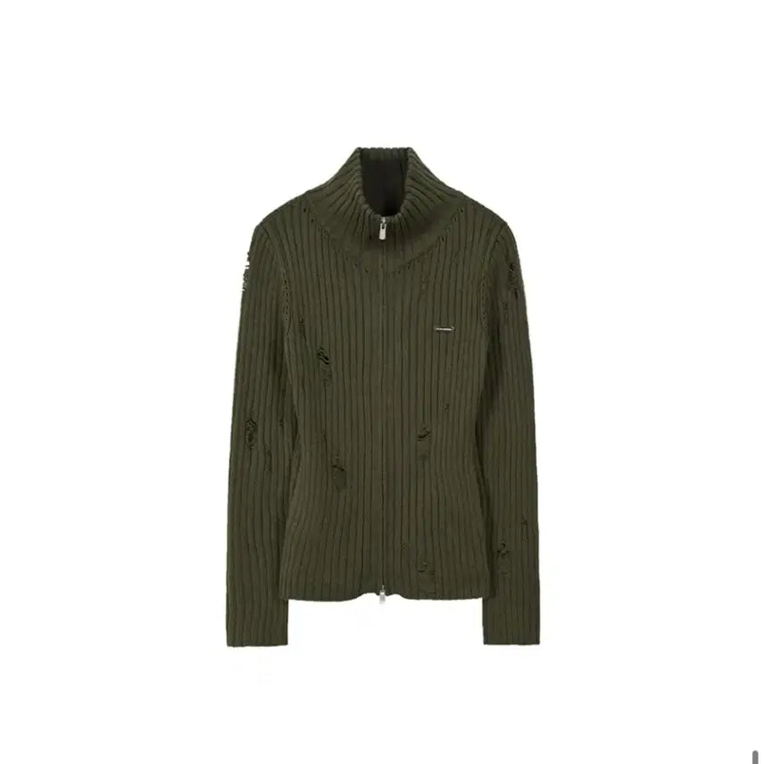 [BUNJANG] Illygo Punched Damage Knit Zip-up Jacket / 일리고 펀칭 데미지 니트 집업 카키