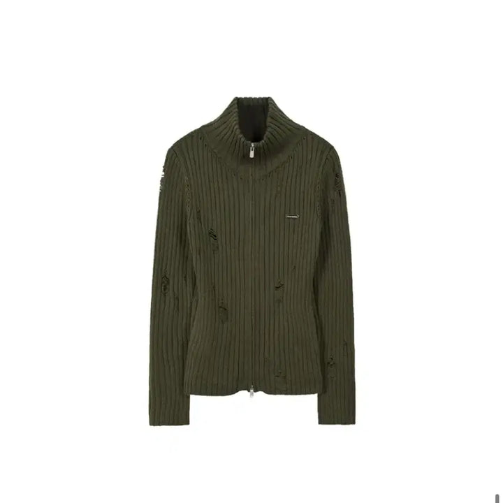 [BUNJANG] Illygo Punched Damage Knit Zip-up Jacket / 일리고 펀칭 데미지 니트 집업 카키