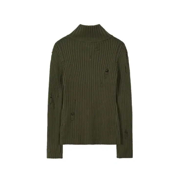 [BUNJANG] Illygo Punched Damage Knit Zip-up Jacket / 일리고 펀칭 데미지 니트 집업 카키