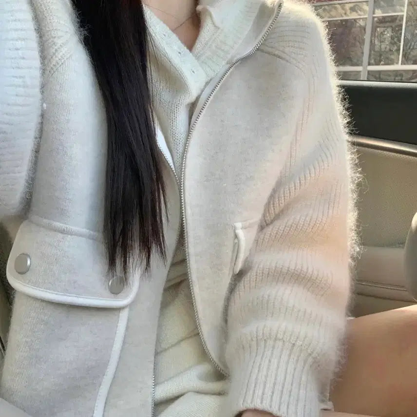 [BUNJANG] Ivory Angora Knit Zip-up / 아이보리 니트 앙고라 니트집넙