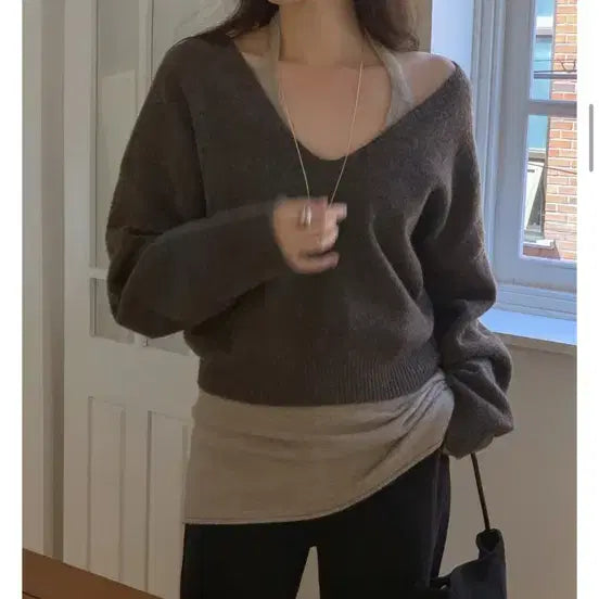 [BUNJANG] Iffu V-Neck Loose Fit Knit Sweater Brown / 이퓨 브이넥 루즈핏 니트 브라운