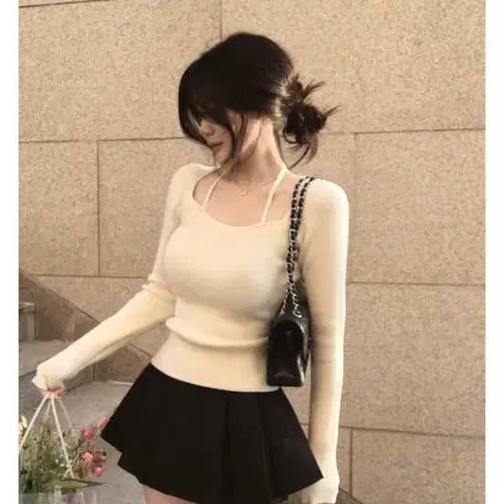 [BUNJANG] Ivory Ribbed Knit Square Neck Top / 아이보리 골지 니트