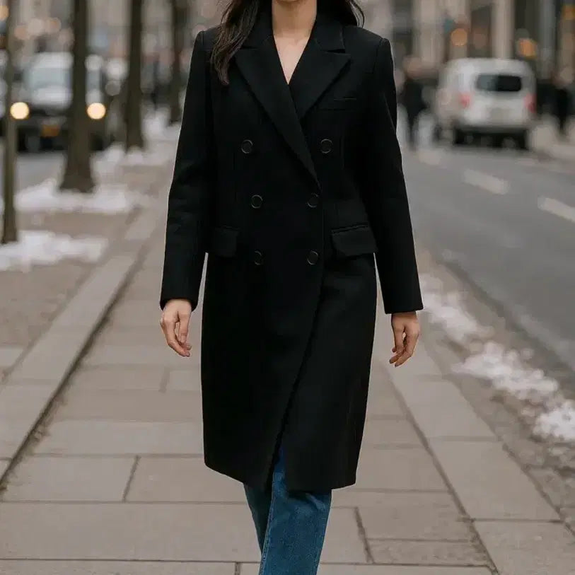 [BUNJANG] Time Postmodern Double Long Coat Black Classic Coat / 타임 포스트모던 더블 롱코트 블랙 55/클래식 코트
