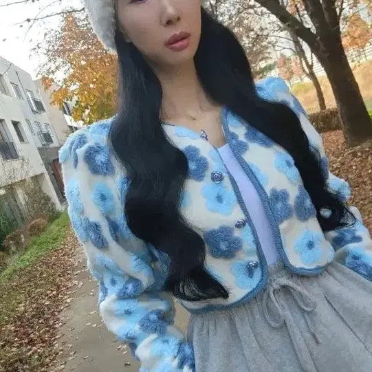 [BUNJANG] Unbranded Flower Boucle Crop Cardigan / 소라,핑크) 플라워 뽀글이 크롭 가디건