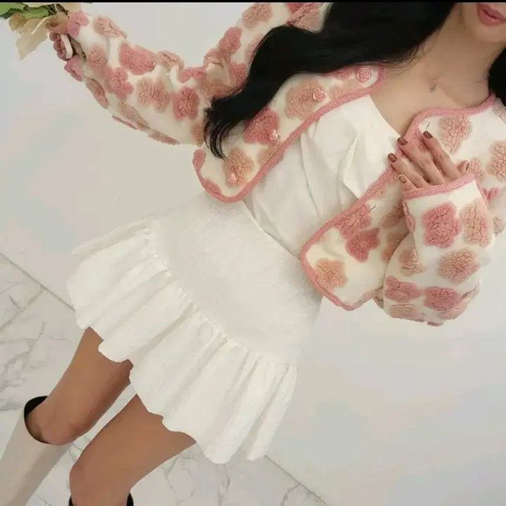 [BUNJANG] Unbranded Flower Boucle Crop Cardigan / 소라,핑크) 플라워 뽀글이 크롭 가디건