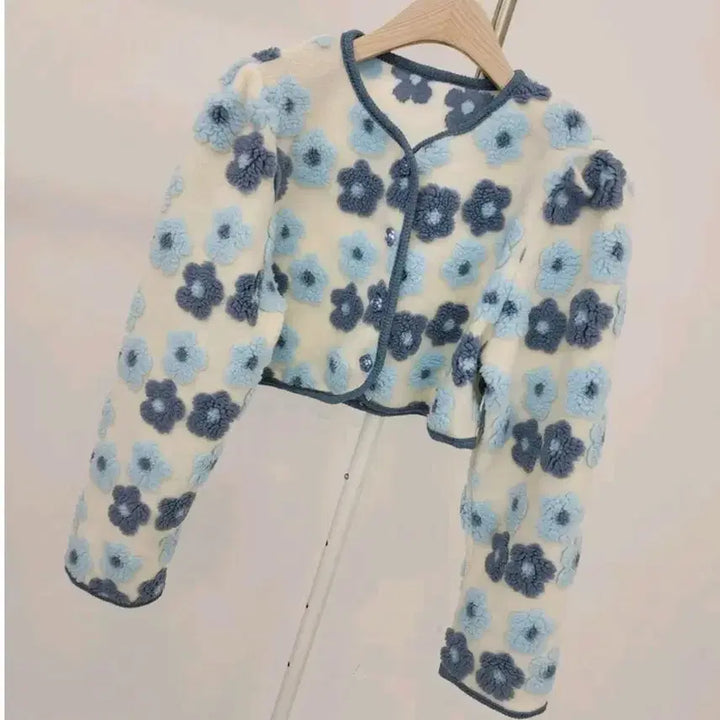 [BUNJANG] Unbranded Flower Boucle Crop Cardigan / 소라,핑크) 플라워 뽀글이 크롭 가디건