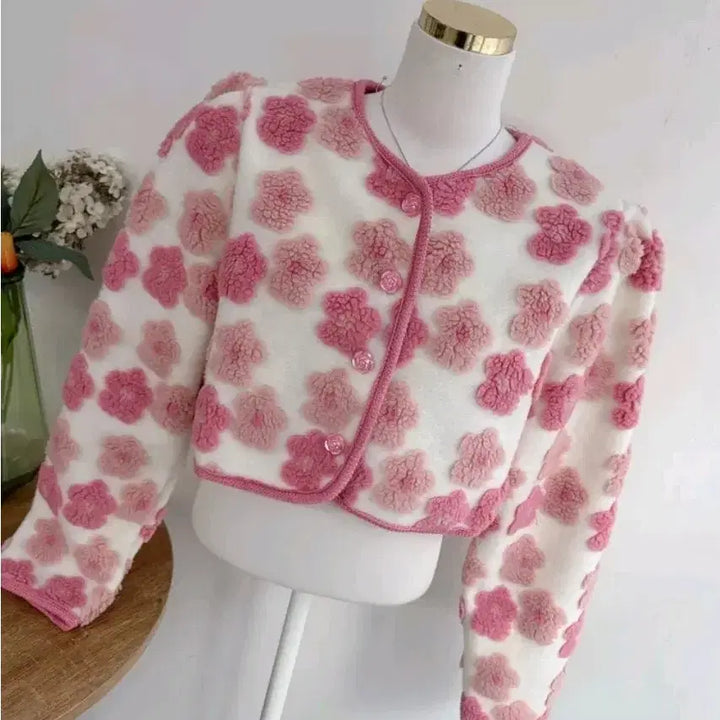 [BUNJANG] Unbranded Flower Boucle Crop Cardigan / 소라,핑크) 플라워 뽀글이 크롭 가디건
