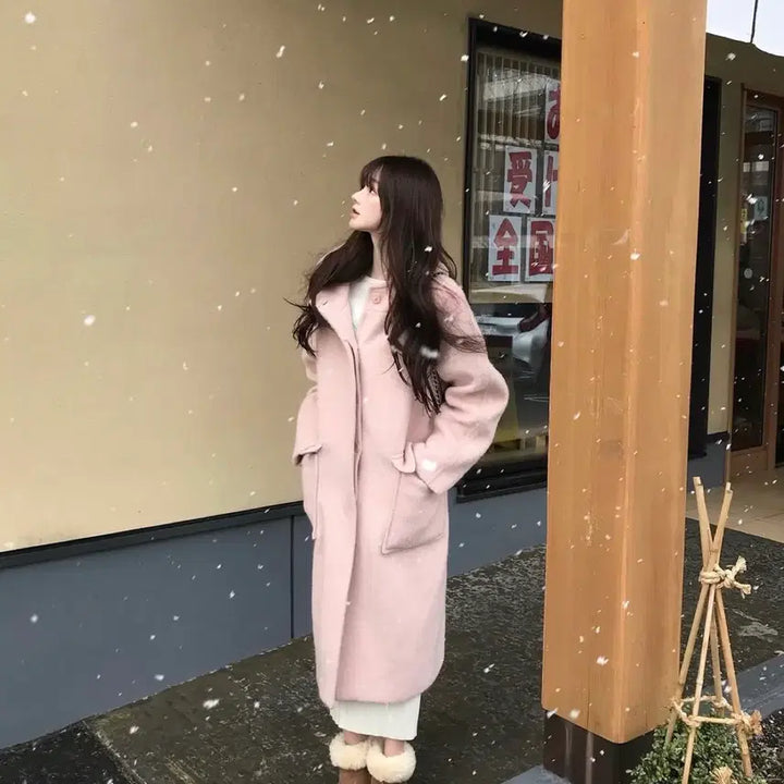 [BUNJANG] LaBelleBlanc Alpaca Hooded Coat - Pink / 라벨르블랑 알파카 후드 코트 핑크