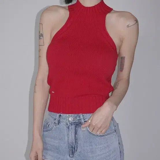 [SOLD OUT] 페일제이드 코튼 홀터넥 니트 탱크 탑 레드 2사이즈 m