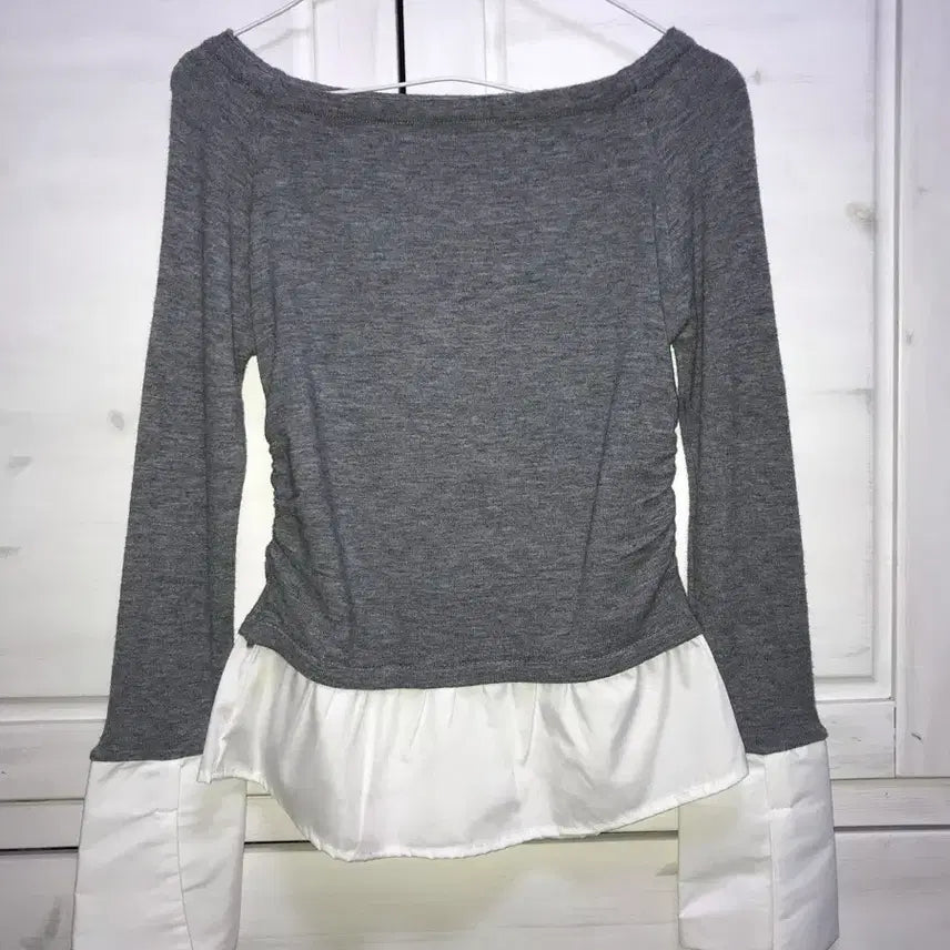 [BUNJANG] Layered Shirring Off-Shoulder Top - Grey / 셔츠 레이어드 셔링 오프숄더 탑 그레이