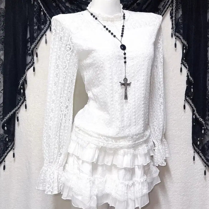 [BUNJANG] Romantic Gothic Frill Lace See-through Blouse / 로맨틱고딕 엔젤릭 프릴레이스 시스루 블라우스 로걀탑 고스로리 페어리 핀터
