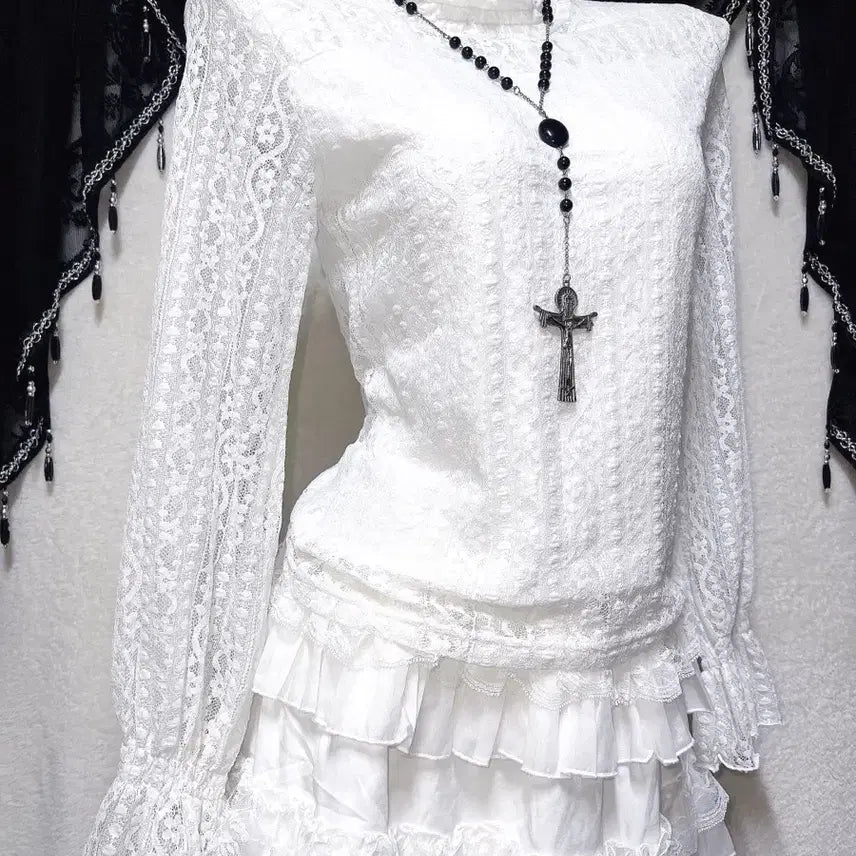 [BUNJANG] Romantic Gothic Frill Lace See-through Blouse / 로맨틱고딕 엔젤릭 프릴레이스 시스루 블라우스 로걀탑 고스로리 페어리 핀터