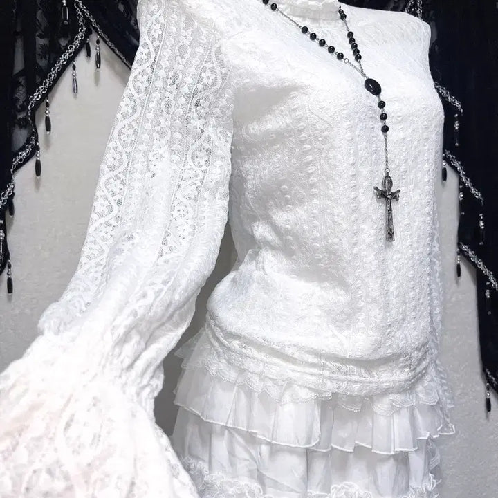 [BUNJANG] Romantic Gothic Frill Lace See-through Blouse / 로맨틱고딕 엔젤릭 프릴레이스 시스루 블라우스 로걀탑 고스로리 페어리 핀터