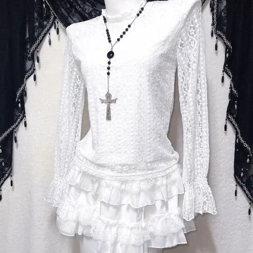 [BUNJANG] Romantic Gothic Frill Lace See-through Blouse / 로맨틱고딕 엔젤릭 프릴레이스 시스루 블라우스 로걀탑 고스로리 페어리 핀터