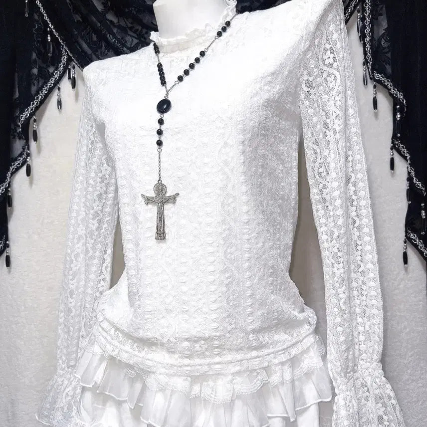 [BUNJANG] Romantic Gothic Frill Lace See-through Blouse / 로맨틱고딕 엔젤릭 프릴레이스 시스루 블라우스 로걀탑 고스로리 페어리 핀터