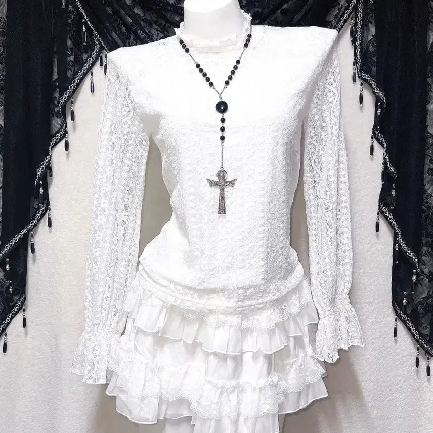 [BUNJANG] Romantic Gothic Frill Lace See-through Blouse / 로맨틱고딕 엔젤릭 프릴레이스 시스루 블라우스 로걀탑 고스로리 페어리 핀터