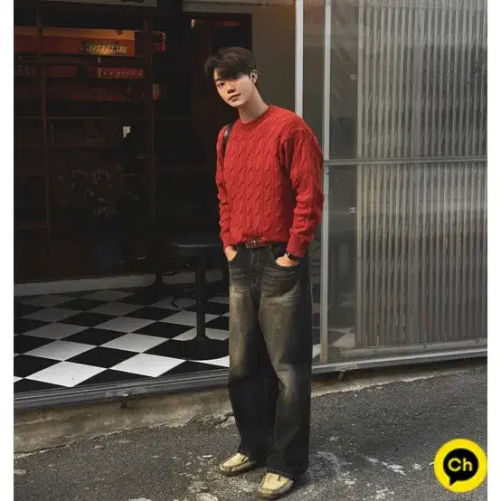 [BUNJANG] From To Me Brick Cable Knit Sweater / 프롬투미 브릭 케이블 니트 레드