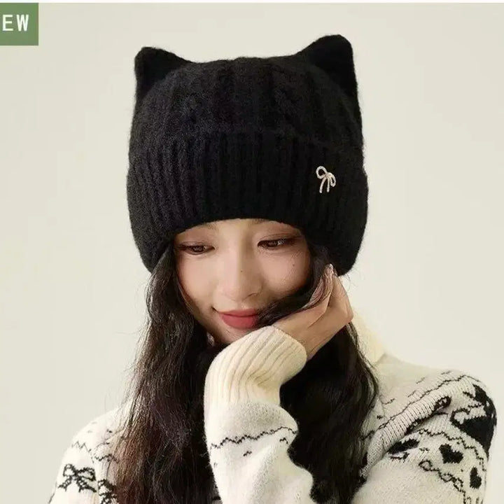 [BUNJANG] Knit Cat Ear Beanie Hat - Black / 고양이 귀 니트 모자 블랙(새 것)