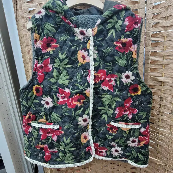 [BUNJANG] Floral Quilted Hooded Vest / (새상품) 플라워 퀼팅 후드 조끼