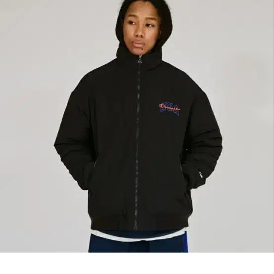 [BUNJANG] Champion USA Logo Fleece Jacket / 챔피온 블랙 USA 로고 플리스 자켓