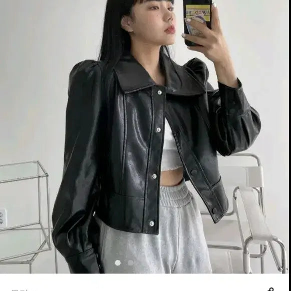 [BUNJANG] Short Faux Leather Jacket / 빅카라 퍼프 벌룬 가죽자켓 숏자켓