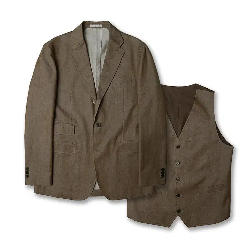 [BUNJANG] Etonne Linen Cotton Leomaster Deep Beige Jacket &amp; Vest Set / 에토네 [Etonne] 린넨 코튼 레오마스터 딥 베이지 자켓 &amp; 베스트