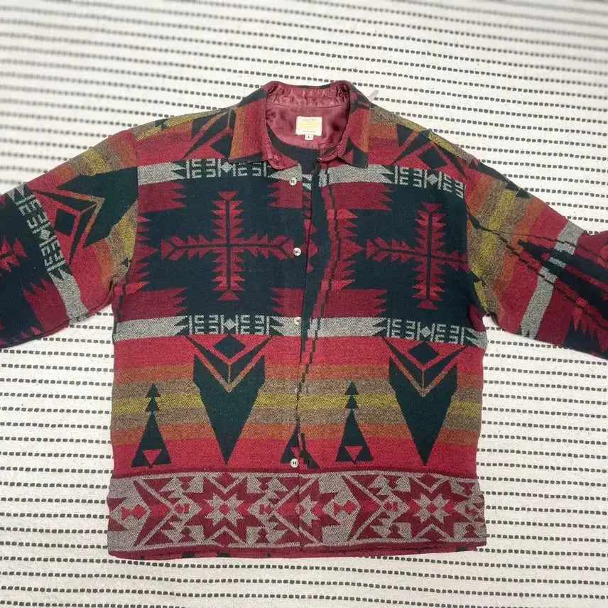 [BUNJANG] Vintage Ethnic Pattern Shirt Red/Black / 빈티지 에스닉 패턴 남방 셔츠 레드/블랙