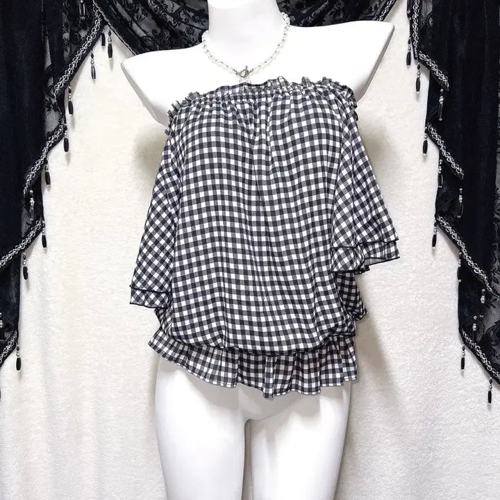 [BUNJANG] Ingni Romantic Gyaru Check Off-shoulder Blouse / 잉그니 ingni 로맨틱갸루 체크 오프숄더 블라우스 로걀탑 튜닉 러블리