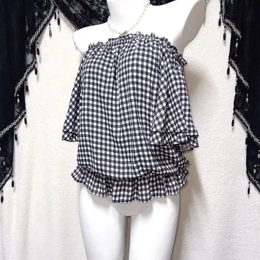 [BUNJANG] Ingni Romantic Gyaru Check Off-shoulder Blouse / 잉그니 ingni 로맨틱갸루 체크 오프숄더 블라우스 로걀탑 튜닉 러블리