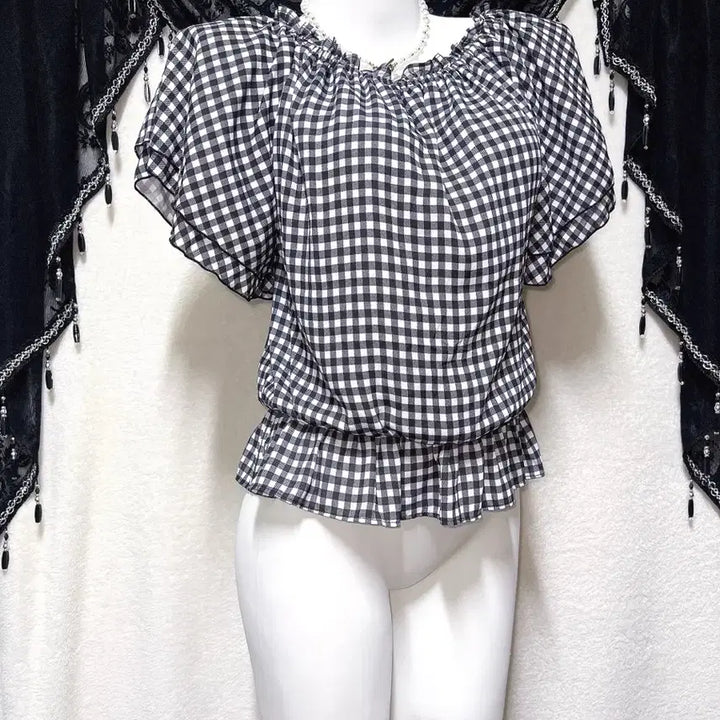 [BUNJANG] Ingni Romantic Gyaru Check Off-shoulder Blouse / 잉그니 ingni 로맨틱갸루 체크 오프숄더 블라우스 로걀탑 튜닉 러블리