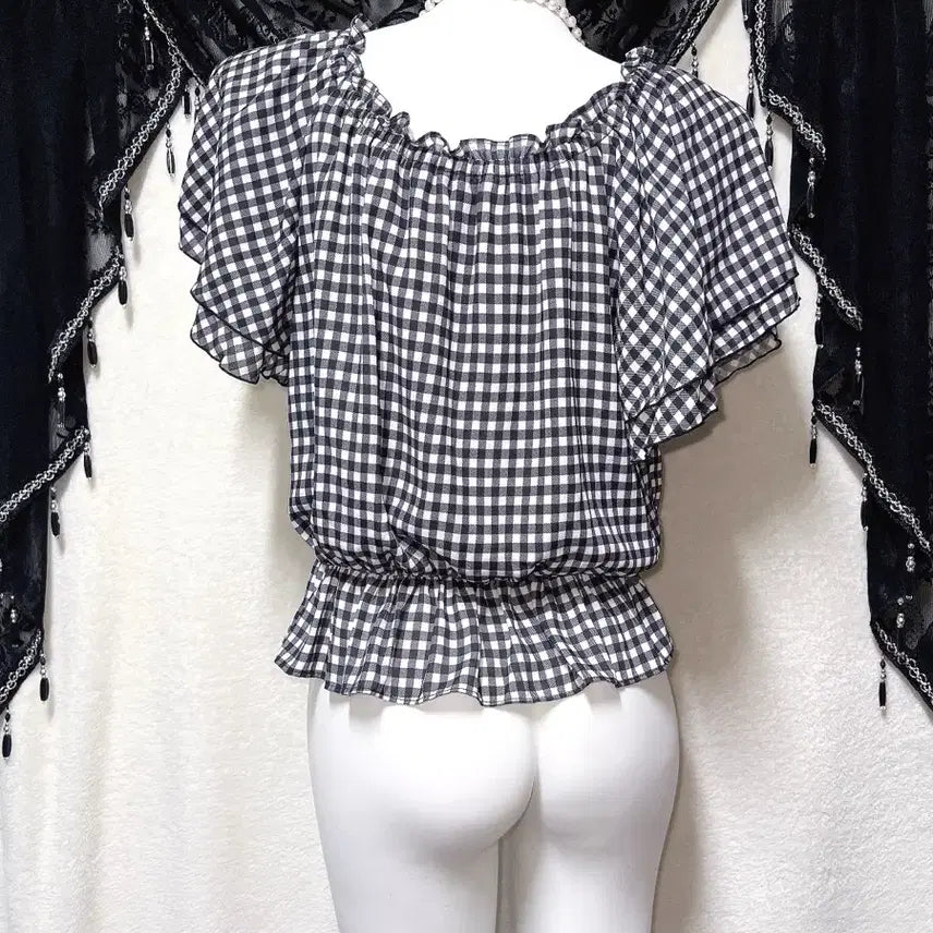 [BUNJANG] Ingni Romantic Gyaru Check Off-shoulder Blouse / 잉그니 ingni 로맨틱갸루 체크 오프숄더 블라우스 로걀탑 튜닉 러블리
