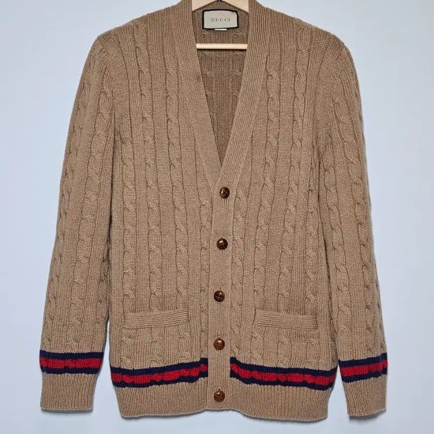 [BUNJANG] Gucci Web Cable Knit Cashmere Cardigan (Camel, L) / 구찌 웹 케이블 니트 캐시미어 가디건 카멜 (L)