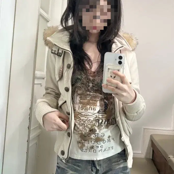 [BUNJANG] Y2k Ivory Faux Fur Hooded Jacket / Y2k 아이보리 퍼 후드 점퍼